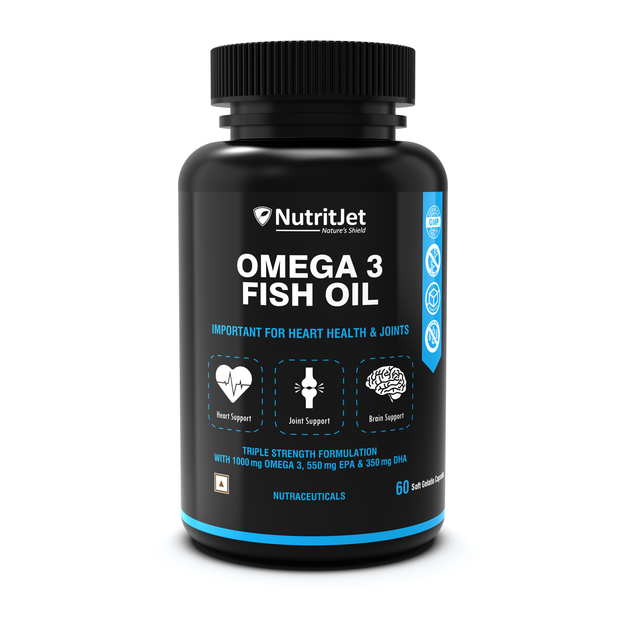 NutritJet Omega 3 Fish Oil 1000mg High Strength with 550 mg EPA and 350 mg  DHA - 60 Capsule - NutritJet