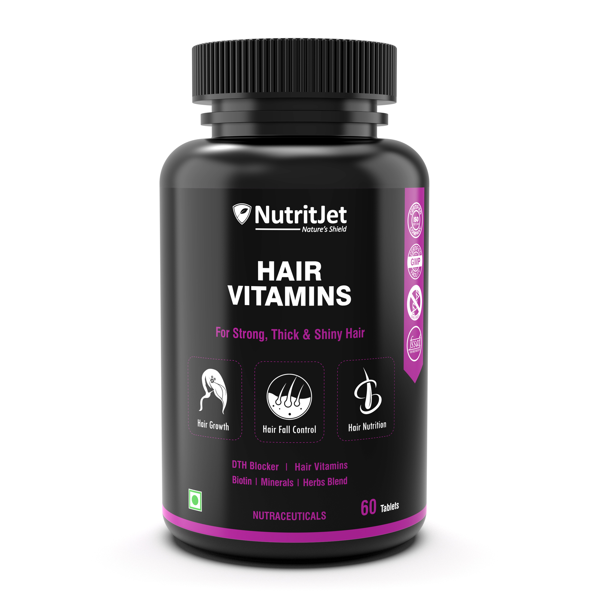 NutritJet Hair Vitamins With DHT Blocker, Biotin, Multivitamins for Hair  Growth & Hair fall Control For Women & Men - 60 Veg Tablets - NutritJet